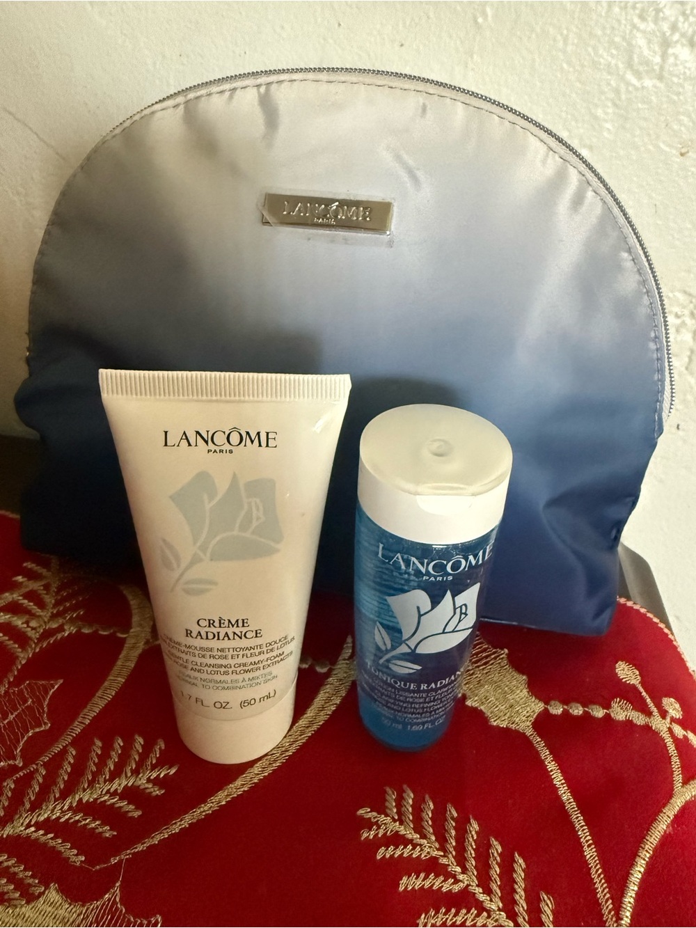 Lancôme Blue and Silver Cosmetic Pouch with Skincare Set